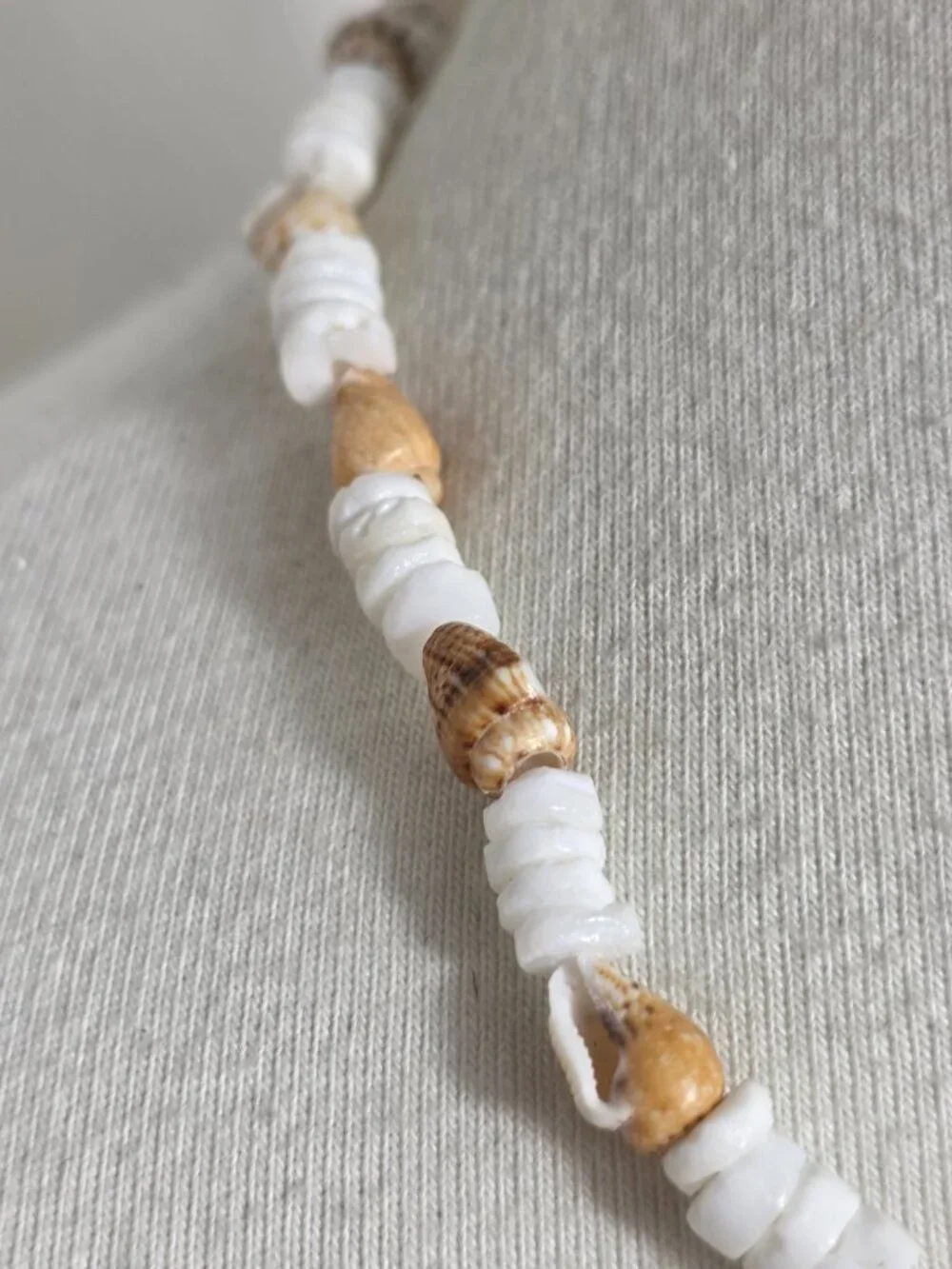 Bohemian-Style Necklace White Heishi Beads with Small Tan Seashell Spacers